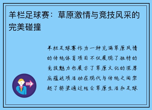 羊栏足球赛：草原激情与竞技风采的完美碰撞